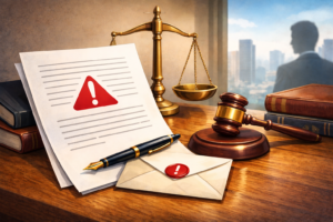 מכתב התראה משפטי על שולחן עורך דין 