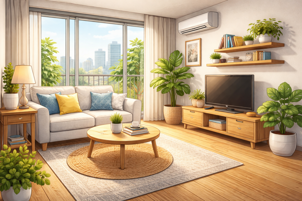 סלון דירה מואר עם צמחייה ומרפסת