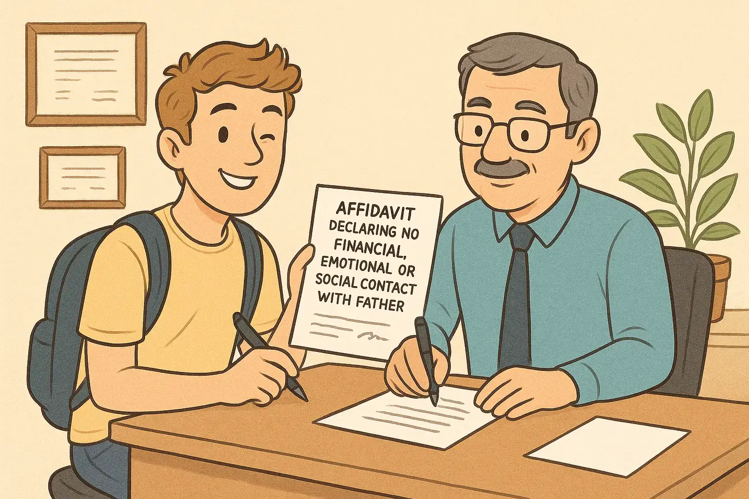 איור של סטודנט מגיש תצהיר ניתוק קשר מההורים לעורך דין לצורך אימות חתימה