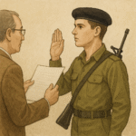 חייל צעיר במדי צה״ל לובש כומתה שחורה, עומד זקוף מול נציג אזרחי שמחזיק מסמך, ונראה כאילו הוא חותם או מצהיר הצהרה רשמית. האווירה רגועה ורשמית, מתאימה להמחשת נושא תצהיר בן יחיד לצבא.