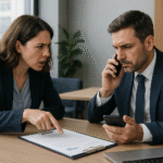 שני שותפים בעסק קטן יושבים במשרד ומתעמתים על מסמך, מסמלים סכסוך עסקי לפני תביעה.