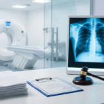 דימותנית רפואית ליד מכשיר הדמיה ומוניטור רנטגן, עם פטיש שופטים וערמת מסמכי רישוי, המייצגת את האתגרים המשפטיים בקבלת רישיון ממשרד הבריאות.