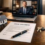 שולחן משרד מודרני עם תצהיר לאימות חתימה, עט נובע, דגם בית ומפתחות, ושיחת וידאו עם עורך דין על מחשב נייד